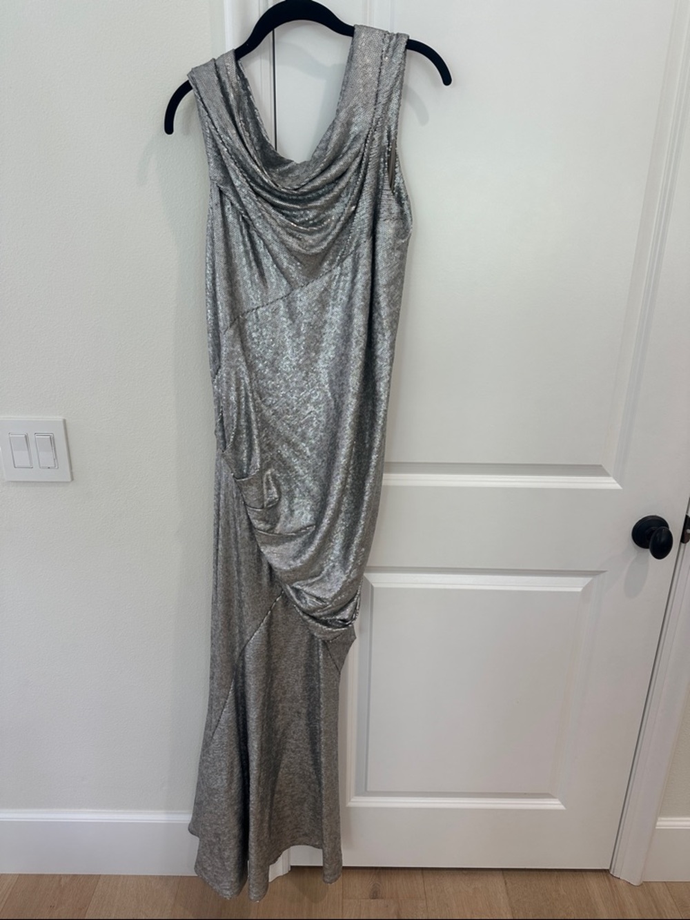 Donna Karan Silver Sequin Draped Maxi Dress